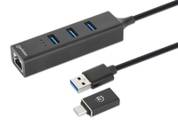 Manhattan USB-C & USB-A combo dock/hub, poorten (4): Ethernet + USB-A (3×), 5 Gbps (USB 3.0), USB-gevoed (geen externe voeding vereist)
