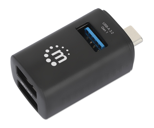 Manhattan USB-C 3-poorts hub, ultra-compact, USB-A-poorten: 1× 5 Gbps (USB 3.0) + 2× 480 Mbps (USB 2.0), USB-gevoed (geen externe voeding vereist)