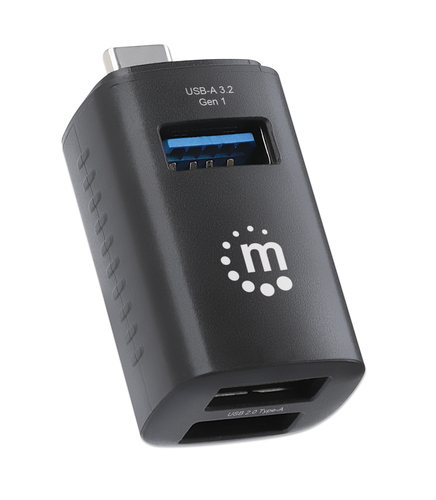 Manhattan USB-C 3-poorts hub, ultra-compact, USB-A-poorten: 1× 5 Gbps (USB 3.0) + 2× 480 Mbps (USB 2.0), USB-gevoed (geen externe voeding vereist)