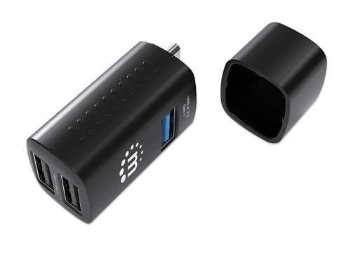 Manhattan USB-C 3-poorts hub, ultra-compact, USB-A-poorten: 1× 5 Gbps (USB 3.0) + 2× 480 Mbps (USB 2.0), USB-gevoed (geen externe voeding vereist)