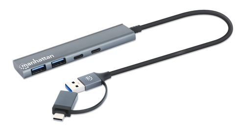 Manhattan USB-C & USB-A combo dock/hub, poorten (4): USB-A (2×) + USB-C (2×), 5 Gbps (USB 3.0), USB-gevoed (geen externe voeding vereist), aluminium