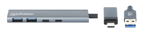 Manhattan USB-C & USB-A combo dock/hub, poorten (4): USB-A (2×) + USB-C (2×), 5 Gbps (USB 3.0), USB-gevoed (geen externe voeding vereist), aluminium