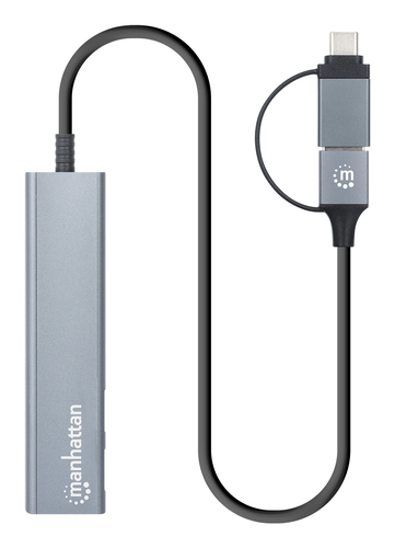 Manhattan USB-C & USB-A combo dock/hub, poorten (4): USB-A (2×) + USB-C (2×), 5 Gbps (USB 3.0), USB-gevoed (geen externe voeding vereist), aluminium