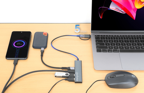 Manhattan USB-C & USB-A combo dock/hub, poorten (4): USB-A (2×) + USB-C (2×), 5 Gbps (USB 3.0), USB-gevoed (geen externe voeding vereist), aluminium