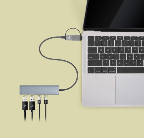 Manhattan USB-C & USB-A combo dock/hub, poorten (4): USB-A (2×) + USB-C (2×), 5 Gbps (USB 3.0), USB-gevoed (geen externe voeding vereist), aluminium