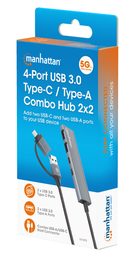 Manhattan USB-C & USB-A combo dock/hub, poorten (4): USB-A (2×) + USB-C (2×), 5 Gbps (USB 3.0), USB-gevoed (geen externe voeding vereist), aluminium