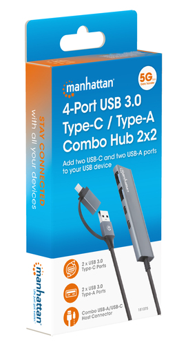 Manhattan USB-C & USB-A combo dock/hub, poorten (4): USB-A (2×) + USB-C (2×), 5 Gbps (USB 3.0), USB-gevoed (geen externe voeding vereist), aluminium