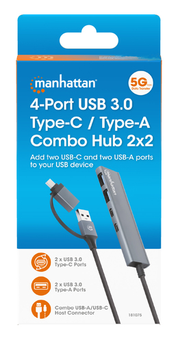 Manhattan USB-C & USB-A combo dock/hub, poorten (4): USB-A (2×) + USB-C (2×), 5 Gbps (USB 3.0), USB-gevoed (geen externe voeding vereist), aluminium