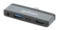 Manhattan USB-C travel dock, HDMI, USB-A, USB-C en 3,5 mm audio, met Power Delivery (PD) 100 W - vereist een externe USB-C-lader (niet inbegrepen). USB-gevoed (geen externe voeding vereist) wanneer PD niet wordt gebruikt