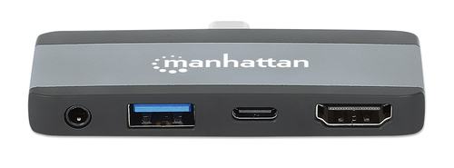 Manhattan USB-C travel dock, HDMI, USB-A, USB-C en 3,5 mm audio, met Power Delivery (PD) 100 W - vereist een externe USB-C-lader (niet inbegrepen). USB-gevoed (geen externe voeding vereist) wanneer PD niet wordt gebruikt