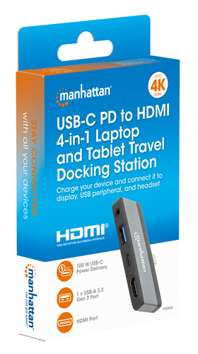 Manhattan USB-C travel dock, HDMI, USB-A, USB-C en 3,5 mm audio, met Power Delivery (PD) 100 W - vereist een externe USB-C-lader (niet inbegrepen). USB-gevoed (geen externe voeding vereist) wanneer PD niet wordt gebruikt