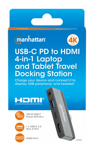Manhattan USB-C travel dock, HDMI, USB-A, USB-C en 3,5 mm audio, met Power Delivery (PD) 100 W - vereist een externe USB-C-lader (niet inbegrepen). USB-gevoed (geen externe voeding vereist) wanneer PD niet wordt gebruikt