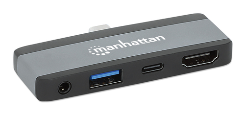 Manhattan USB-C travel dock, HDMI, USB-A, USB-C en 3,5 mm audio, met Power Delivery (PD) 100 W - vereist een externe USB-C-lader (niet inbegrepen). USB-gevoed (geen externe voeding vereist) wanneer PD niet wordt gebruikt