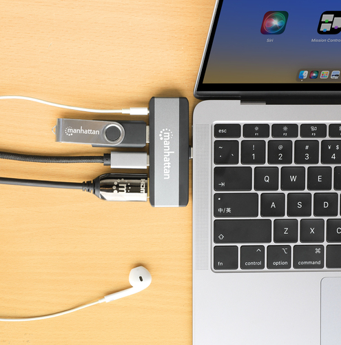 Manhattan USB-C travel dock, HDMI, USB-A, USB-C en 3,5 mm audio, met Power Delivery (PD) 100 W - vereist een externe USB-C-lader (niet inbegrepen). USB-gevoed (geen externe voeding vereist) wanneer PD niet wordt gebruikt