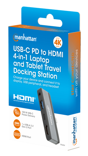 Manhattan USB-C travel dock, HDMI, USB-A, USB-C en 3,5 mm audio, met Power Delivery (PD) 100 W - vereist een externe USB-C-lader (niet inbegrepen). USB-gevoed (geen externe voeding vereist) wanneer PD niet wordt gebruikt