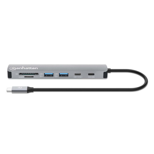 Manhattan USB-C dock/hub met kaartlezer, poorten (5): HDMI, USB-A (2×) en USB-C (2×), met Power Delivery (PD) 100 W - vereist een externe USB-C-lader (niet inbegrepen). USB-gevoed (geen externe voeding vereist) wanneer PD niet wordt gebruikt