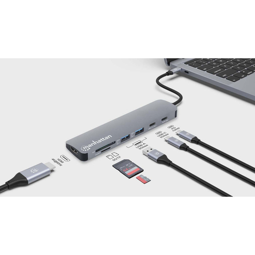 Manhattan USB-C dock/hub met kaartlezer, poorten (5): HDMI, USB-A (2×) en USB-C (2×), met Power Delivery (PD) 100 W - vereist een externe USB-C-lader (niet inbegrepen). USB-gevoed (geen externe voeding vereist) wanneer PD niet wordt gebruikt
