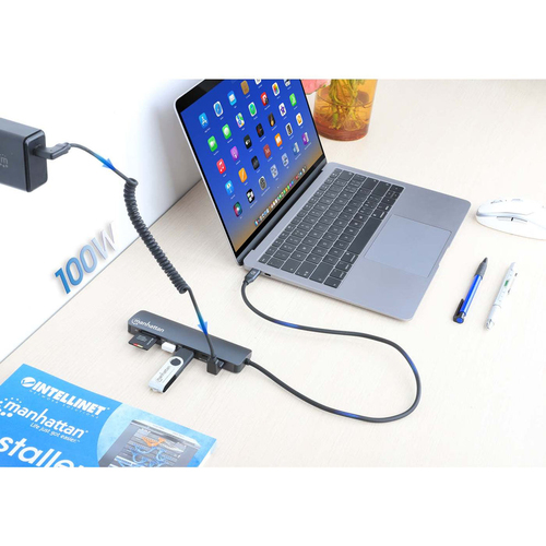 Manhattan USB-C dock/hub met kaartlezer, poorten (5): HDMI, USB-A (2×) en USB-C (2×), met Power Delivery (PD) 100 W - vereist een externe USB-C-lader (niet inbegrepen). USB-gevoed (geen externe voeding vereist) wanneer PD niet wordt gebruikt