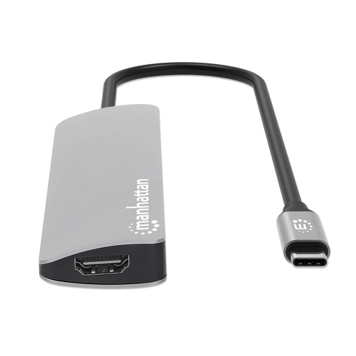 Manhattan USB-C dock/hub met kaartlezer, poorten (5): HDMI, USB-A (2×) en USB-C (2×), met Power Delivery (PD) 100 W - vereist een externe USB-C-lader (niet inbegrepen). USB-gevoed (geen externe voeding vereist) wanneer PD niet wordt gebruikt