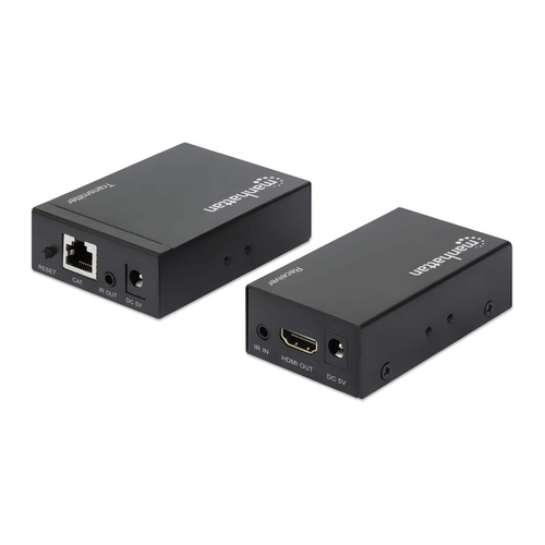 Manhattan HDMI-extenderkit 1080p via Ethernet, tot 50 m met één Cat6-kabel, zender- en ontvangerunit, IR-compatibel, 3 jaar garantie