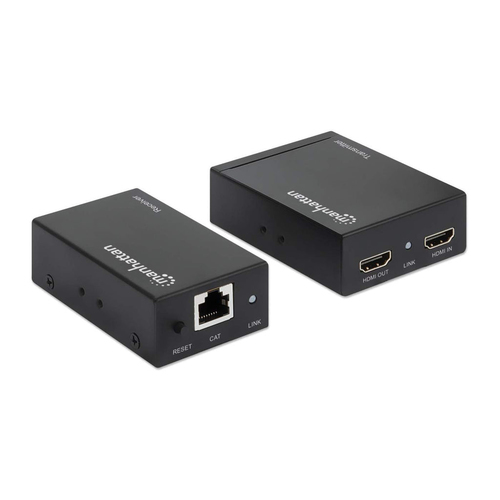 Manhattan HDMI-extenderkit 1080p via Ethernet, tot 50 m met één Cat6-kabel, zender- en ontvangerunit, IR-compatibel, 3 jaar garantie