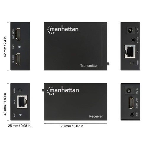 Manhattan HDMI-extenderkit 1080p via Ethernet, tot 50 m met één Cat6-kabel, zender- en ontvangerunit, IR-compatibel, 3 jaar garantie