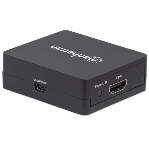 Manhattan HDMI-splitter met 2 poorten, 1080p, zwart, dupliceert het signaal van 1 HDMI-bron naar 2 schermen (zelfde signaal op beide), voeding via USB-A (kabel inbegrepen 0,7 m), 3 jaar garantie