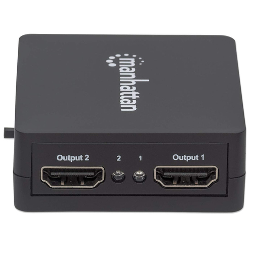 Manhattan HDMI-splitter met 2 poorten, 1080p, zwart, dupliceert het signaal van 1 HDMI-bron naar 2 schermen (zelfde signaal op beide), voeding via USB-A (kabel inbegrepen 0,7 m), 3 jaar garantie