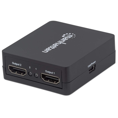 Manhattan HDMI-splitter met 2 poorten, 1080p, zwart, dupliceert het signaal van 1 HDMI-bron naar 2 schermen (zelfde signaal op beide), voeding via USB-A (kabel inbegrepen 0,7 m), 3 jaar garantie