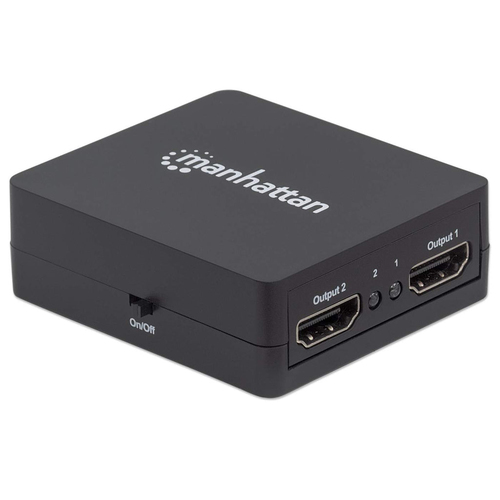 Manhattan HDMI-splitter met 2 poorten, 1080p, zwart, dupliceert het signaal van 1 HDMI-bron naar 2 schermen (zelfde signaal op beide), voeding via USB-A (kabel inbegrepen 0,7 m), 3 jaar garantie
