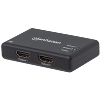 Manhattan HDMI-splitter met 2 poorten, 4K@30 Hz, dupliceert het signaal van 1 HDMI-bron naar 2 schermen (zelfde signaal op beide), netvoeding (kabel van 0,9 m), zwart, 3 jaar garantie