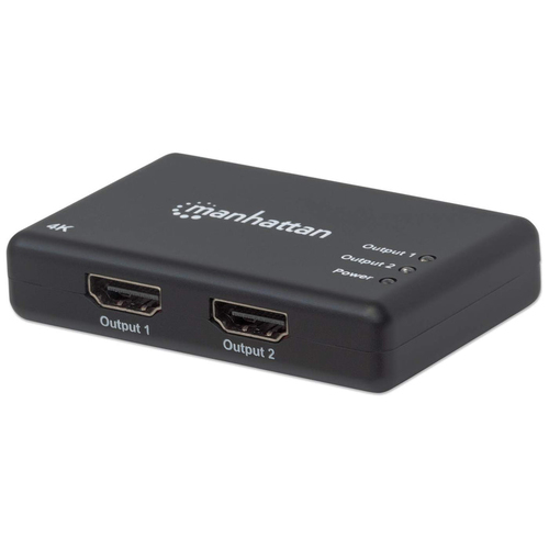 Manhattan HDMI-splitter met 2 poorten, 4K@30 Hz, dupliceert het signaal van 1 HDMI-bron naar 2 schermen (zelfde signaal op beide), netvoeding (kabel van 0,9 m), zwart, 3 jaar garantie