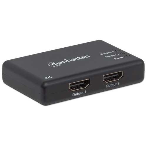 Manhattan HDMI-splitter met 2 poorten, 4K@30 Hz, dupliceert het signaal van 1 HDMI-bron naar 2 schermen (zelfde signaal op beide), netvoeding (kabel van 0,9 m), zwart, 3 jaar garantie