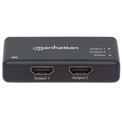 Manhattan HDMI-splitter met 2 poorten, 4K@30 Hz, dupliceert het signaal van 1 HDMI-bron naar 2 schermen (zelfde signaal op beide), netvoeding (kabel van 0,9 m), zwart, 3 jaar garantie