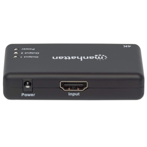 Manhattan HDMI-splitter met 2 poorten, 4K@30 Hz, dupliceert het signaal van 1 HDMI-bron naar 2 schermen (zelfde signaal op beide), netvoeding (kabel van 0,9 m), zwart, 3 jaar garantie