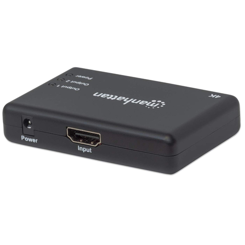 Manhattan HDMI-splitter met 2 poorten, 4K@30 Hz, dupliceert het signaal van 1 HDMI-bron naar 2 schermen (zelfde signaal op beide), netvoeding (kabel van 0,9 m), zwart, 3 jaar garantie
