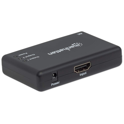 Manhattan HDMI-splitter met 2 poorten, 4K@30 Hz, dupliceert het signaal van 1 HDMI-bron naar 2 schermen (zelfde signaal op beide), netvoeding (kabel van 0,9 m), zwart, 3 jaar garantie