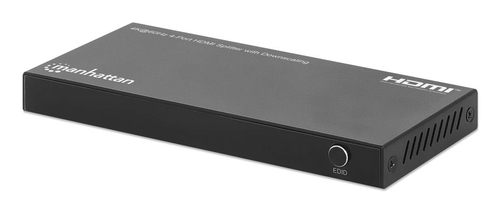 Manhattan HDMI-splitter met 4 poorten en downscaling, 4K@60 Hz, verdeelt 1 HDMI-ingang naar 4 uitgangen (zelfde signaal), knop voor 4K naar 1080p-schaal, inclusief Micro-USB-naar-USB-A-kabel (0,8 m), zwart