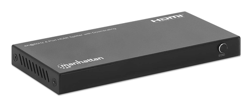 Manhattan HDMI-splitter met 4 poorten en downscaling, 4K@60 Hz, verdeelt 1 HDMI-ingang naar 4 uitgangen (zelfde signaal), knop voor 4K naar 1080p-schaal, inclusief Micro-USB-naar-USB-A-kabel (0,8 m), zwart
