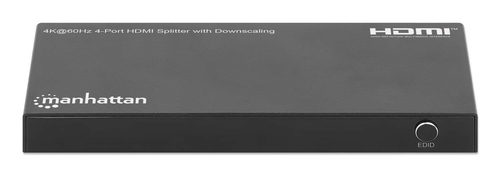 Manhattan HDMI-splitter met 4 poorten en downscaling, 4K@60 Hz, verdeelt 1 HDMI-ingang naar 4 uitgangen (zelfde signaal), knop voor 4K naar 1080p-schaal, inclusief Micro-USB-naar-USB-A-kabel (0,8 m), zwart
