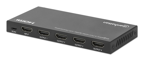 Manhattan HDMI-splitter met 4 poorten en downscaling, 4K@60 Hz, verdeelt 1 HDMI-ingang naar 4 uitgangen (zelfde signaal), knop voor 4K naar 1080p-schaal, inclusief Micro-USB-naar-USB-A-kabel (0,8 m), zwart