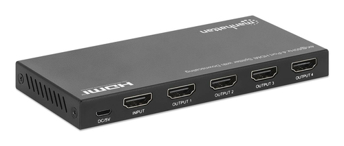 Manhattan HDMI-splitter met 4 poorten en downscaling, 4K@60 Hz, verdeelt 1 HDMI-ingang naar 4 uitgangen (zelfde signaal), knop voor 4K naar 1080p-schaal, inclusief Micro-USB-naar-USB-A-kabel (0,8 m), zwart