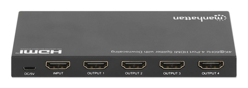 Manhattan HDMI-splitter met 4 poorten en downscaling, 4K@60 Hz, verdeelt 1 HDMI-ingang naar 4 uitgangen (zelfde signaal), knop voor 4K naar 1080p-schaal, inclusief Micro-USB-naar-USB-A-kabel (0,8 m), zwart