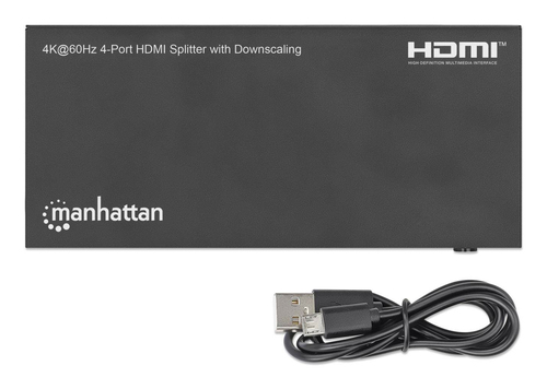Manhattan HDMI-splitter met 4 poorten en downscaling, 4K@60 Hz, verdeelt 1 HDMI-ingang naar 4 uitgangen (zelfde signaal), knop voor 4K naar 1080p-schaal, inclusief Micro-USB-naar-USB-A-kabel (0,8 m), zwart