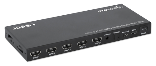 Manhattan HDMI 4K multiviewer/switch met 4 poorten, 4 ingangen naar 1 scherm, 4K@30 Hz, PiP en dual/quad-weergave, knop of afstandsbediening, audio 3,5 mm en Toslink, zwart, 3 jaar garantie