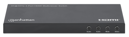 Manhattan HDMI 4K multiviewer/switch met 4 poorten, 4 ingangen naar 1 scherm, 4K@30 Hz, PiP en dual/quad-weergave, knop of afstandsbediening, audio 3,5 mm en Toslink, zwart, 3 jaar garantie