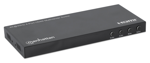 Manhattan HDMI 4K multiviewer/switch met 4 poorten, 4 ingangen naar 1 scherm, 4K@30 Hz, PiP en dual/quad-weergave, knop of afstandsbediening, audio 3,5 mm en Toslink, zwart, 3 jaar garantie