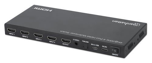 Manhattan HDMI 4K multiviewer/switch met 4 poorten, 4 ingangen naar 1 scherm, 4K@30 Hz, PiP en dual/quad-weergave, knop of afstandsbediening, audio 3,5 mm en Toslink, zwart, 3 jaar garantie