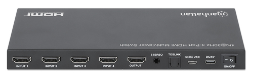 Manhattan HDMI 4K multiviewer/switch met 4 poorten, 4 ingangen naar 1 scherm, 4K@30 Hz, PiP en dual/quad-weergave, knop of afstandsbediening, audio 3,5 mm en Toslink, zwart, 3 jaar garantie