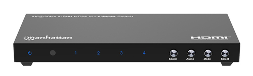 Manhattan HDMI 4K multiviewer/switch met 4 poorten, 4 ingangen naar 1 scherm, 4K@30 Hz, PiP en dual/quad-weergave, knop of afstandsbediening, audio 3,5 mm en Toslink, zwart, 3 jaar garantie
